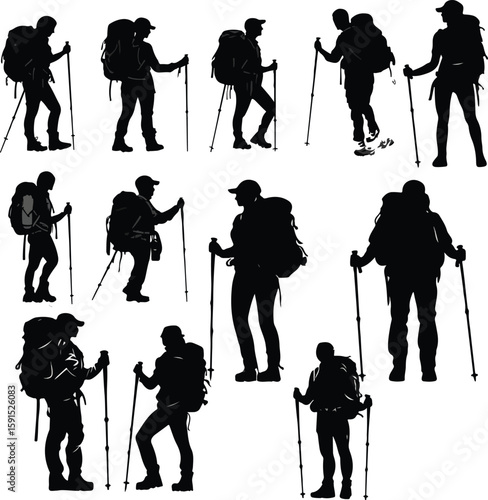 Silhouette collection of hikers with backpacks and trekking poles on white background