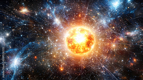 Wallpaper Mural A vibrant, fiery celestial sphere dominates a cosmic tapestry of nebulae and stars. Intense energy radiates outward, weaving through the deep black void Torontodigital.ca