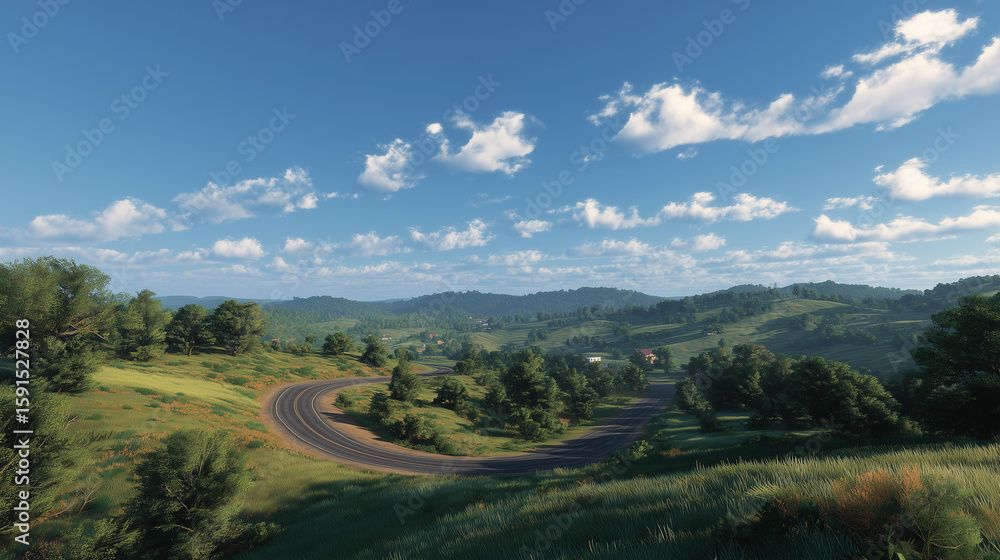 Fototapeta premium A cinematic, high-resolution photo of a majestic natural landscape. A long trail or winding road leads into the horizon, surrounded by soft mountains or coastal cliffs.