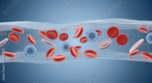Medical Illustration of Bloodstream with Red Blood Cells and White Blood Cells in Circulatory System