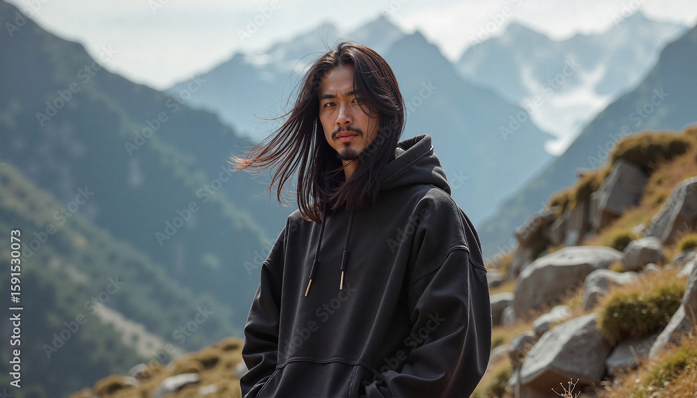 Naklejka premium Young man with long hair wearing a black hoodie in a mountainous outdoor setting