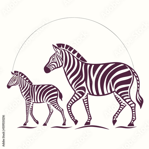 Zebra mother and foal walking in profile illustration