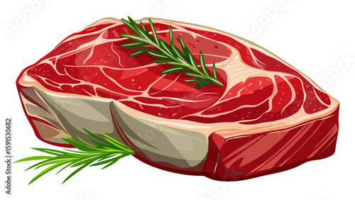 Fresh raw beef sirloin steak lies on a clean white background, richly marbled and glistening with natural juices. A sprig of rosemary rests gently on top, enhancing the visual aroma.