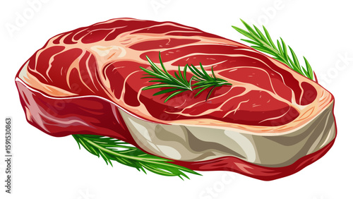 Fresh raw beef sirloin steak lies on a clean white background, richly marbled and glistening with natural juices. A sprig of rosemary rests gently on top, enhancing the visual aroma.