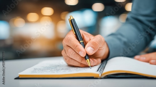 Handwriting in the Moment: A focused individual, pen in hand, diligently scribes into a personal notebook, poised with the deliberate act of handwriting a story
