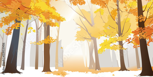 A serene forest scene in autumn, tall trees with golden-yellow leaves, dappled sunlight filtering through, soft fog settling, perspective from forest floor looking up, photorealistic 8K resolution