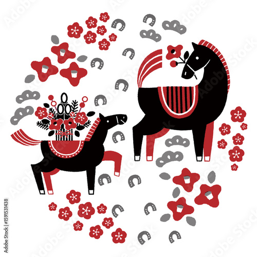 Floral and Lucky Horses – Colorful New Year Illustration with Horseshoes