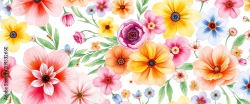 Seamless watercolor & pastel spring flower pattern on white background, bloom, pastel