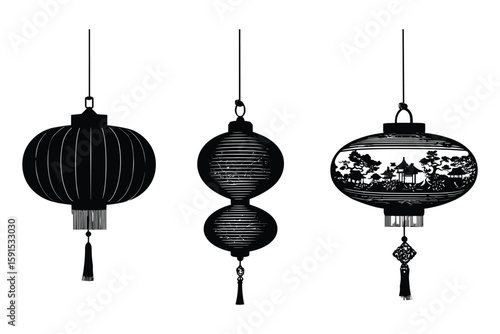 silhouette set of decorative Asian paper lanterns