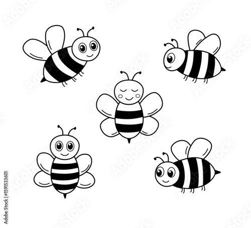 Cute cartoon bee set. Hand drawn outline illustration of bees. Vector illustration of insects on a white background.