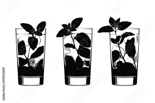 black silhouette set of potted houseplants in modern planters