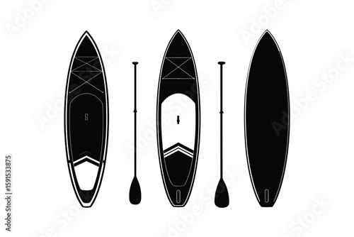 black silhouette set of kayaks and canoes with paddles