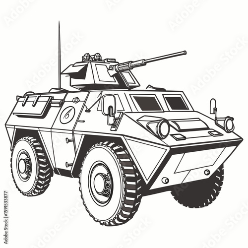Armored combat vehicle with mounted cannon and antenna armored vehicle military