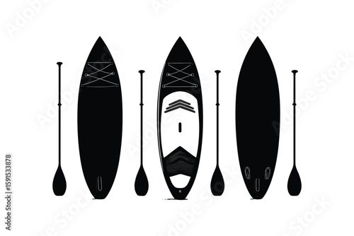 black silhouette set of surfboards and paddles