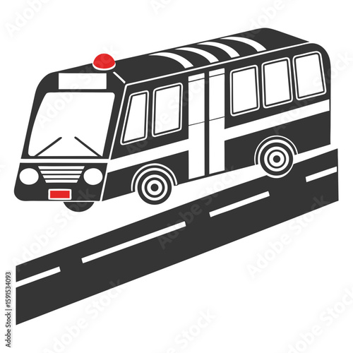 Black and white city bus with red light on road transportation vehicle