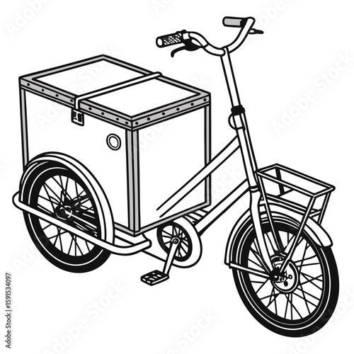 Black and white cargo tricycle with large storage box and front basket delivery bike
