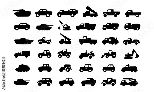 Variety of Vehicle Silhouettes Commercial, Industrial and Military Transportation Icons