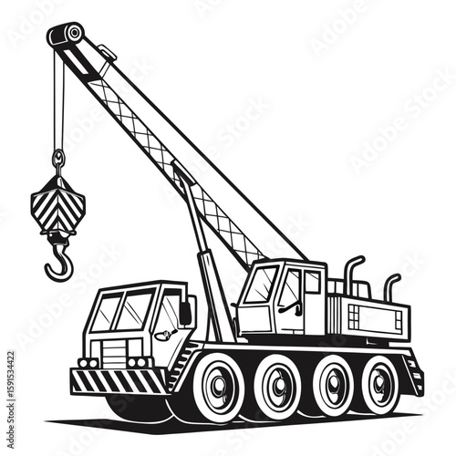 Black and white mobile crane lifting heavy load construction