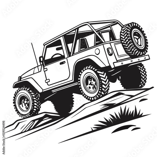 Black and white off road vehicle climbing rocky terrain vector