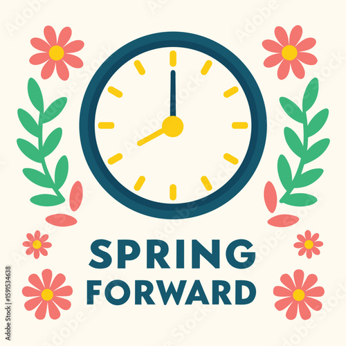 Spring forward illustration featuring a clock with floral accents, symbolizing the change to daylight saving time