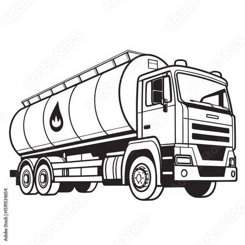 Black and white tanker truck with flame symbol fuel truck transport