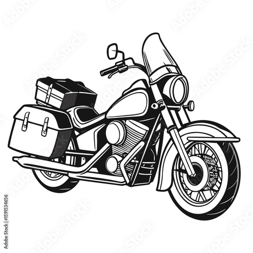 Black and white touring motorcycle with saddlebags and windshield luggage