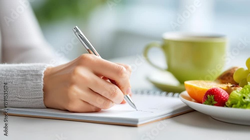 Focused woman writing her hormone balancing diet plan in notebook with healthy food for nutrition and wellness