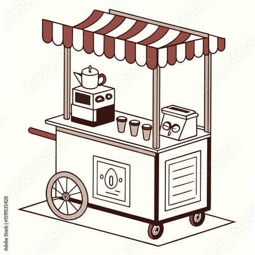Coffee cart with striped awning and serving items coffee maker cups