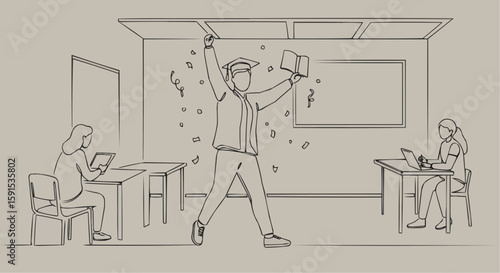 Student celebrating graduation in a classroom.