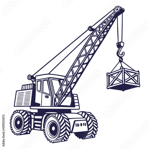 Dark blue construction crane lifting cargo heavy equipment
