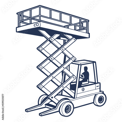 Blue scissor lift with operator aerial work platform