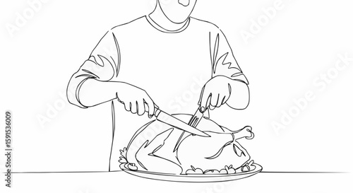 A person carefully carving a roasted turkey on a platter.