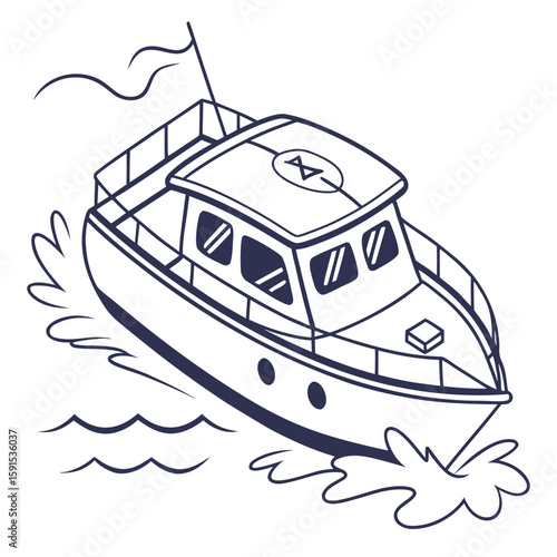 Dark blue outline of a motorboat sailing through water waves