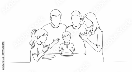 A drawing of a family having dinner.