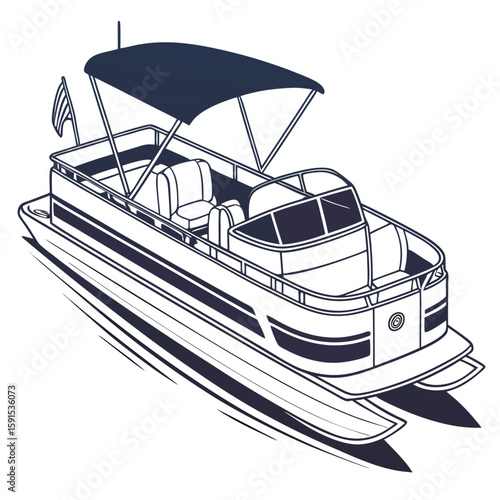 Dark blue pontoon boat with canopy and flag watercraft marine