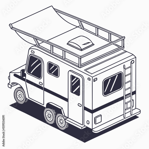 Campervan with extended awning and roof rack caravan
