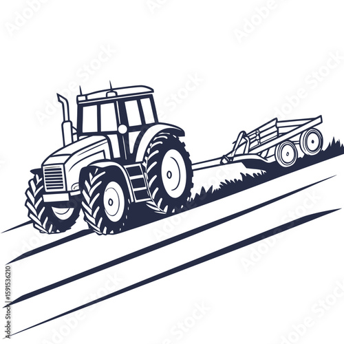 Dark blue tractor towing trailer on grassy field farming agriculture