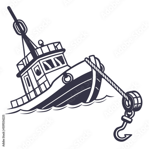 Dark blue tugboat pulling a hook through wavy water rope
