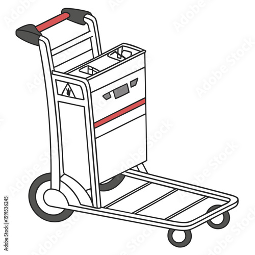 Airport luggage trolley with red handle and grey wheels