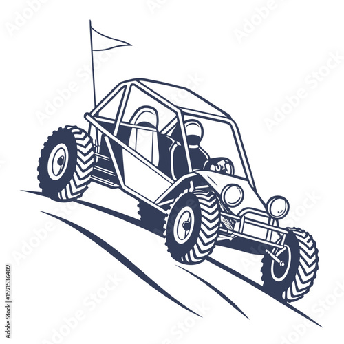 Dune buggy driving up a hill with a flag off road vehicle racing