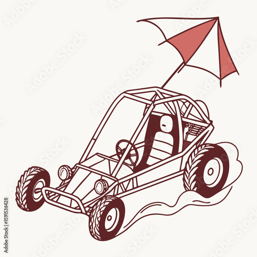 Dune buggy with umbrella and driver off road vehicle sand