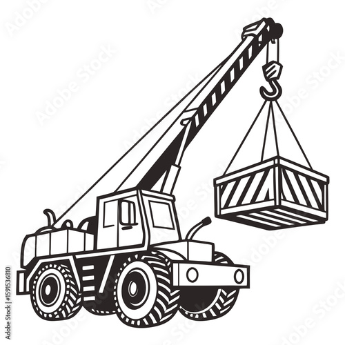 Black and white illustration of a mobile crane lifting a crate