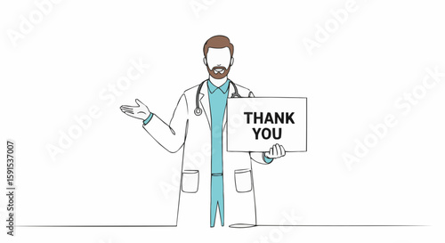 An illustrated doctor expresses gratitude by holding a Thank You sign