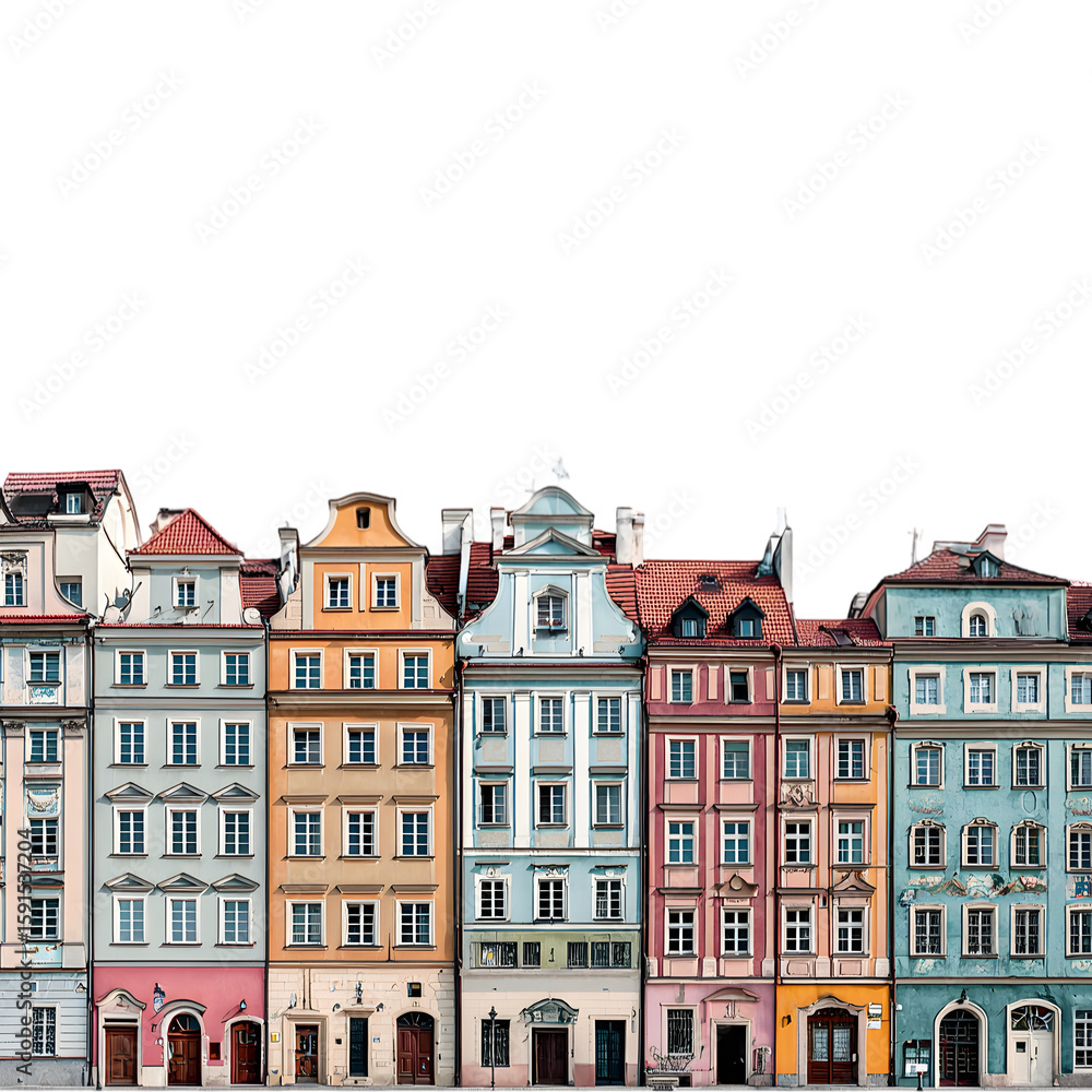 Obraz premium Colorful historic buildings lining a street in a vibrant urban setting with clear skies
