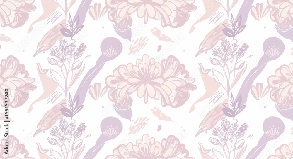 Fototapeta premium A beautiful floral pattern featuring delicate hand-drawn elements of flowers, spoons and leaves.