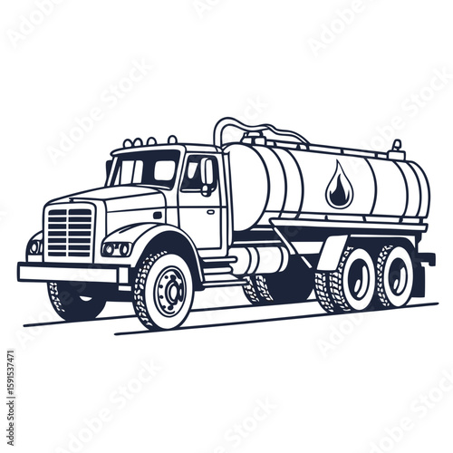 Dark blue tanker truck with fuel drop symbol fuel truck