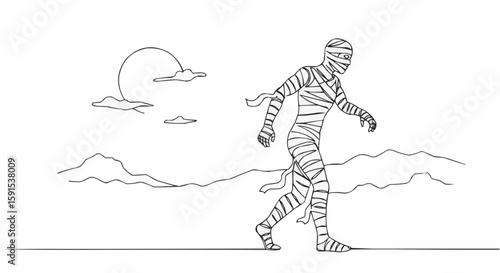 A mummy walking in the desert landscape.