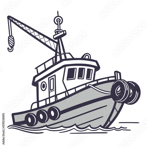 Gray tugboat with crane and towing equipment marine water