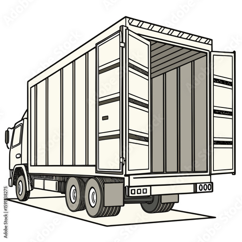 Cream cargo truck with open rear doors container transport