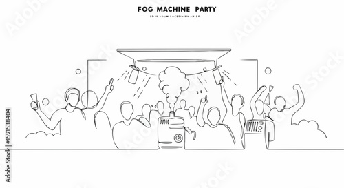 Illustration of a lively gathering at a party with a fog machine. 